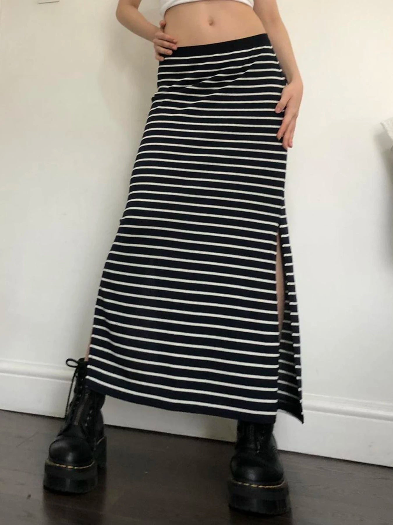 Strip Long Skirt Straight Bottom Slit Skirt