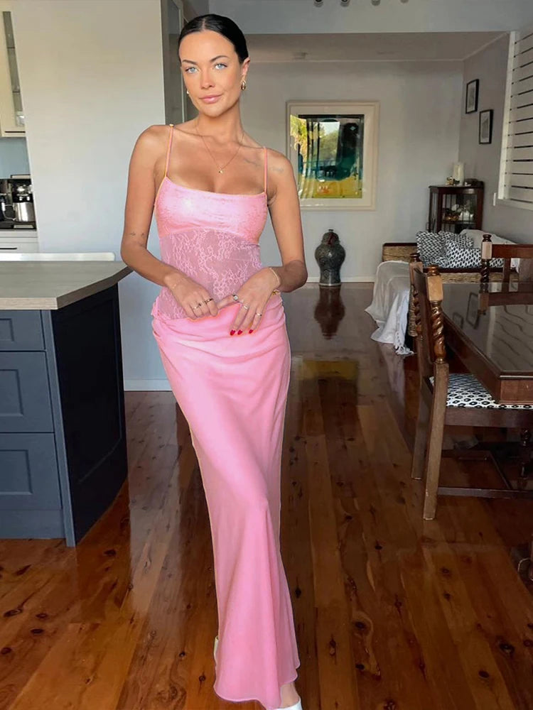 Pink Ruched Patchwork Mesh Bodycon Midi Dress