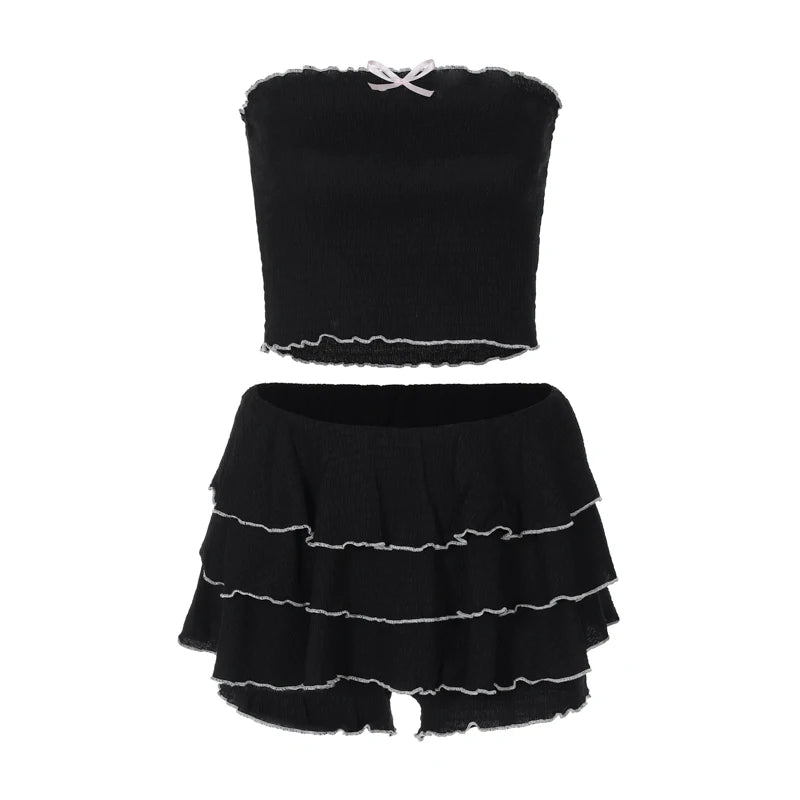 2 Pcs Sets Black Bow Strapless Crop Tank Top Pleated Skirts Festiv