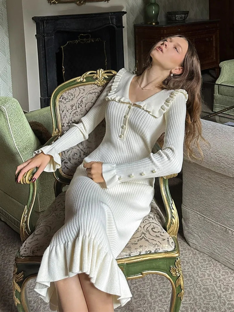 Ruffled Patchwork Knit Maxi Dress Ribbed Long Sleeve Dress Gown Slim Knit Long Dress
