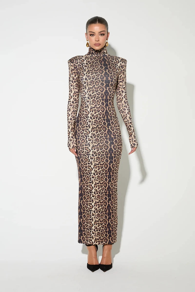 Leopard Long Sleeve Maxi Dress Turtleneck ed Bodycon Long Dress
