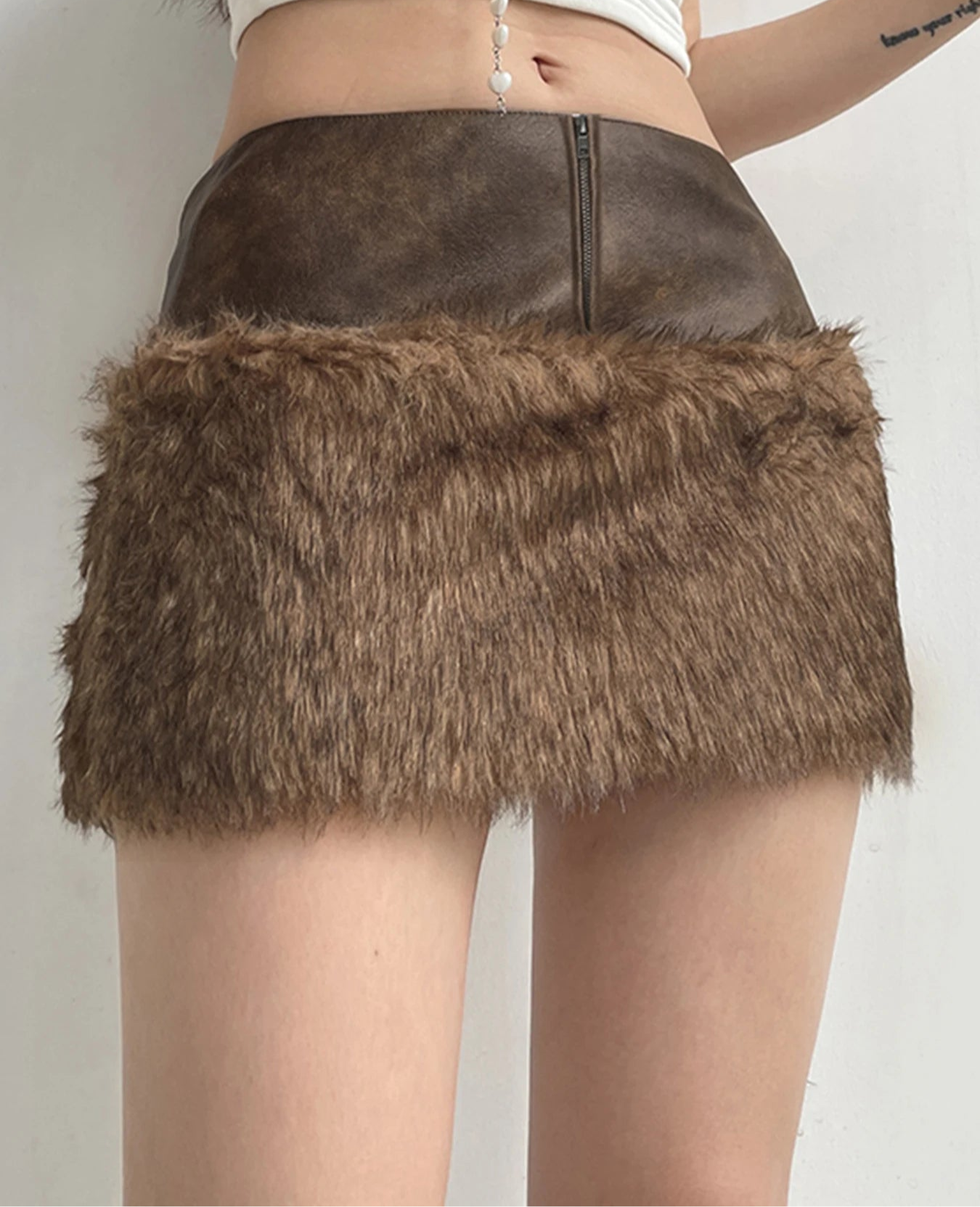 Brown Pu Leather Furry Mini Skirt