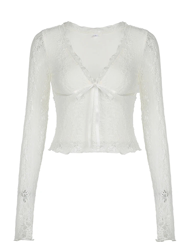 V-neck Lace Slim Tee Shirts Long Sleeves See-through Retro