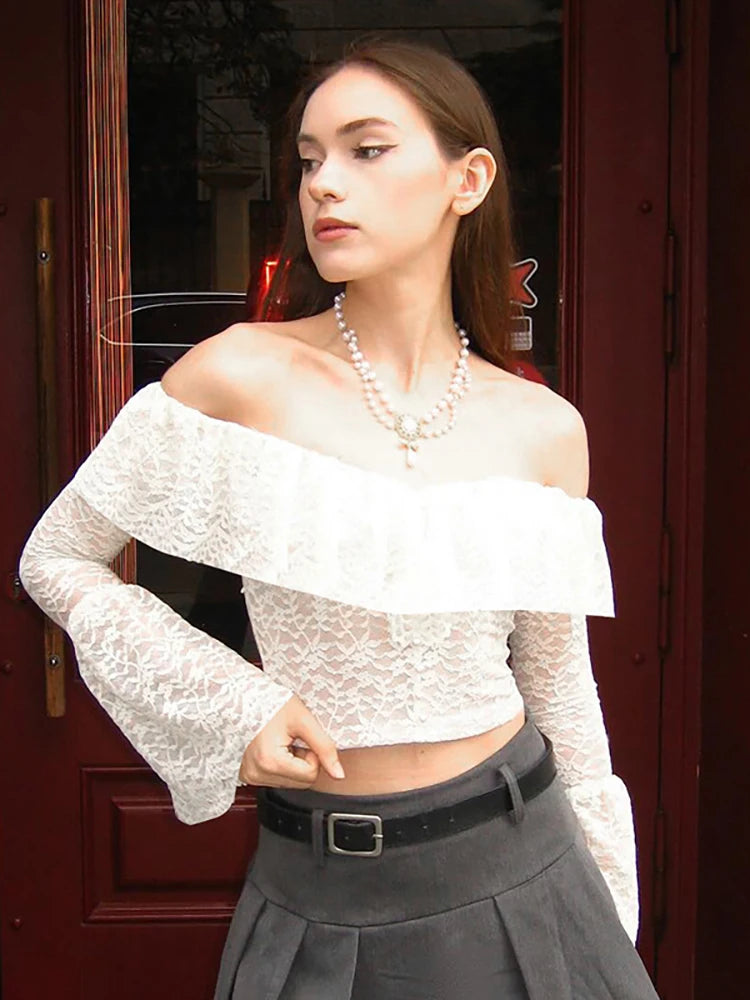 Transparent Lace Two Piece Sets Skirt Suit White Flare Sleeve T-shirt Long Skirt Skirt Set