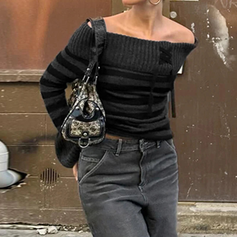 Slash Neck Striped Knitted Sweaters Patchwork Pullovers HArajuku Grunge 's Top