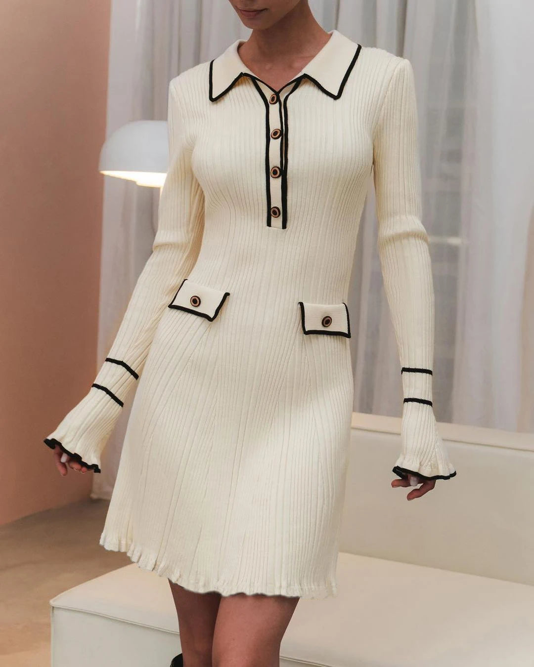 Knitted Mini Dress Ruffled Rib High Waist Dresses s Long Sleeve Banquet Dress