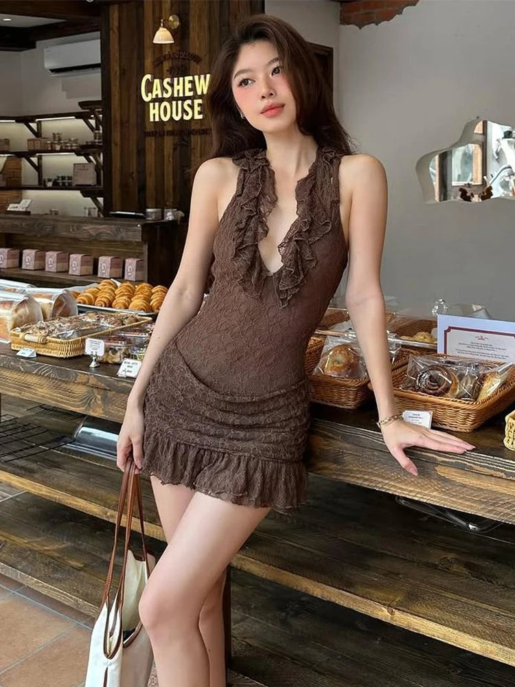 Lace Dress Halter Dark Lines Frenulum Flowers Applique Ornament Vogue Mini Bodycon