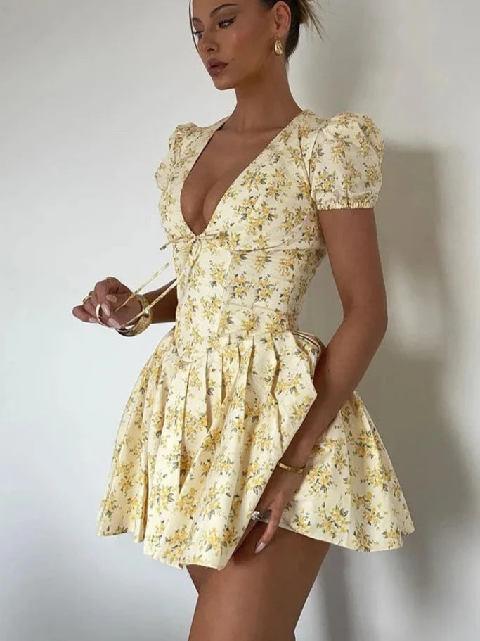 Yellow Floral V Neck Mini Dress