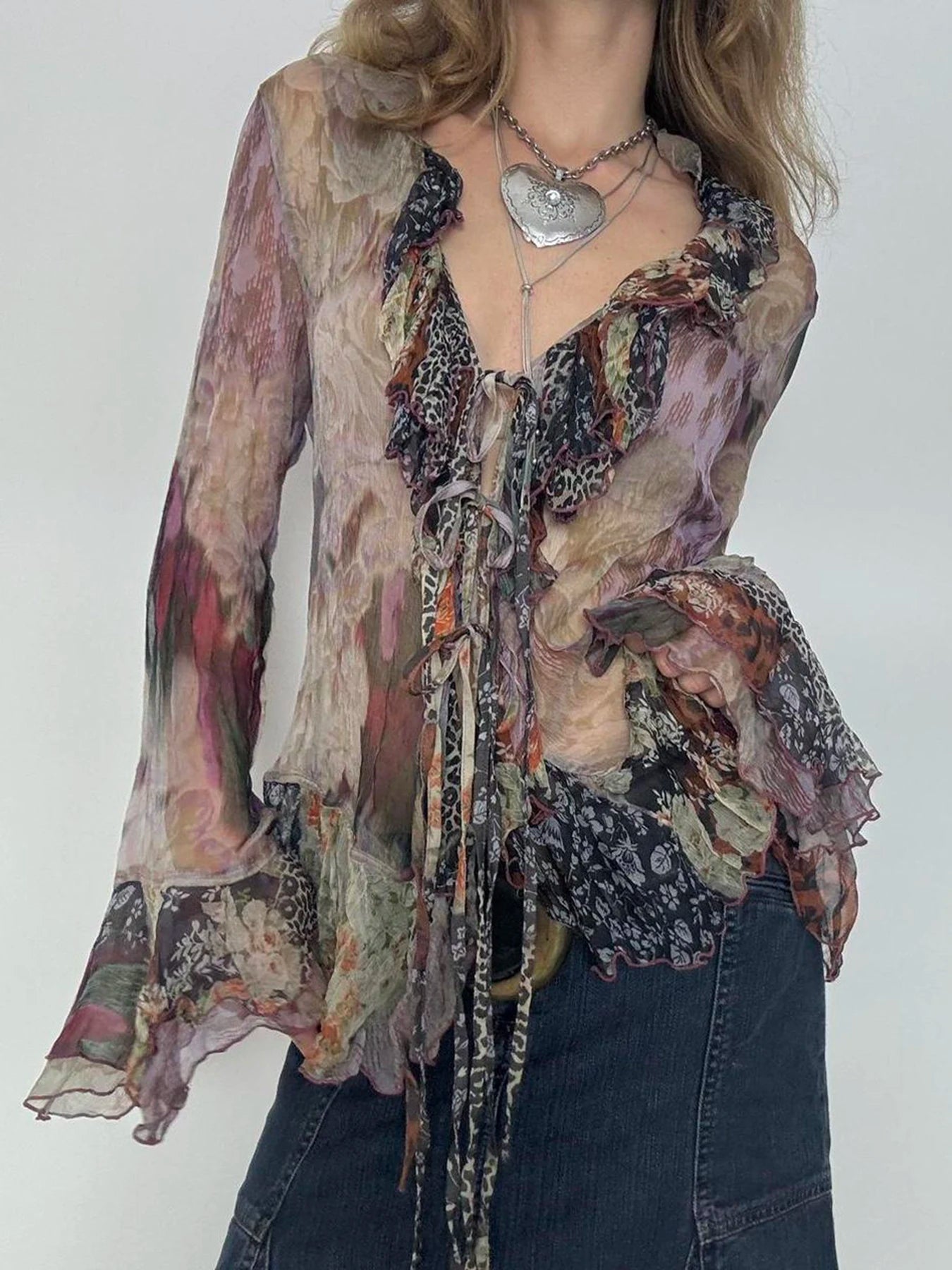 Tie Dye Shirt Ruffle Flare Sleeve Lace-up Retro See-through