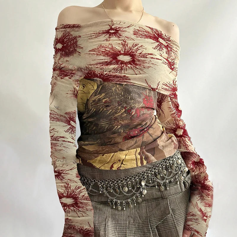 Printed Mesh Patchwork Top Slash Neck Slim Long Sleeves Shirts Y2k