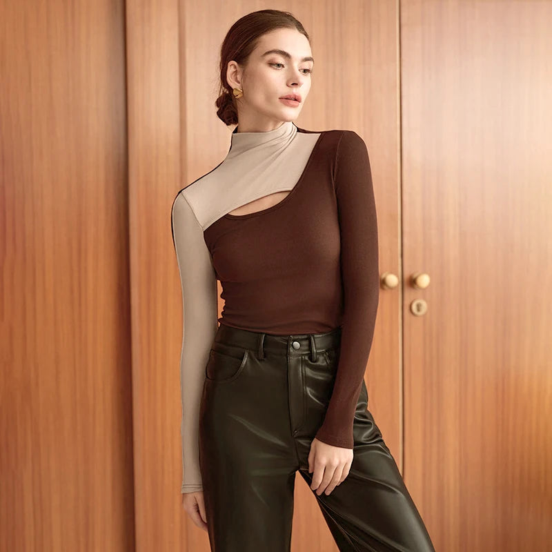 Colliion Top Half- Neck Hollow Out Yankee Wait Retro Bottoming Top T-Shirt