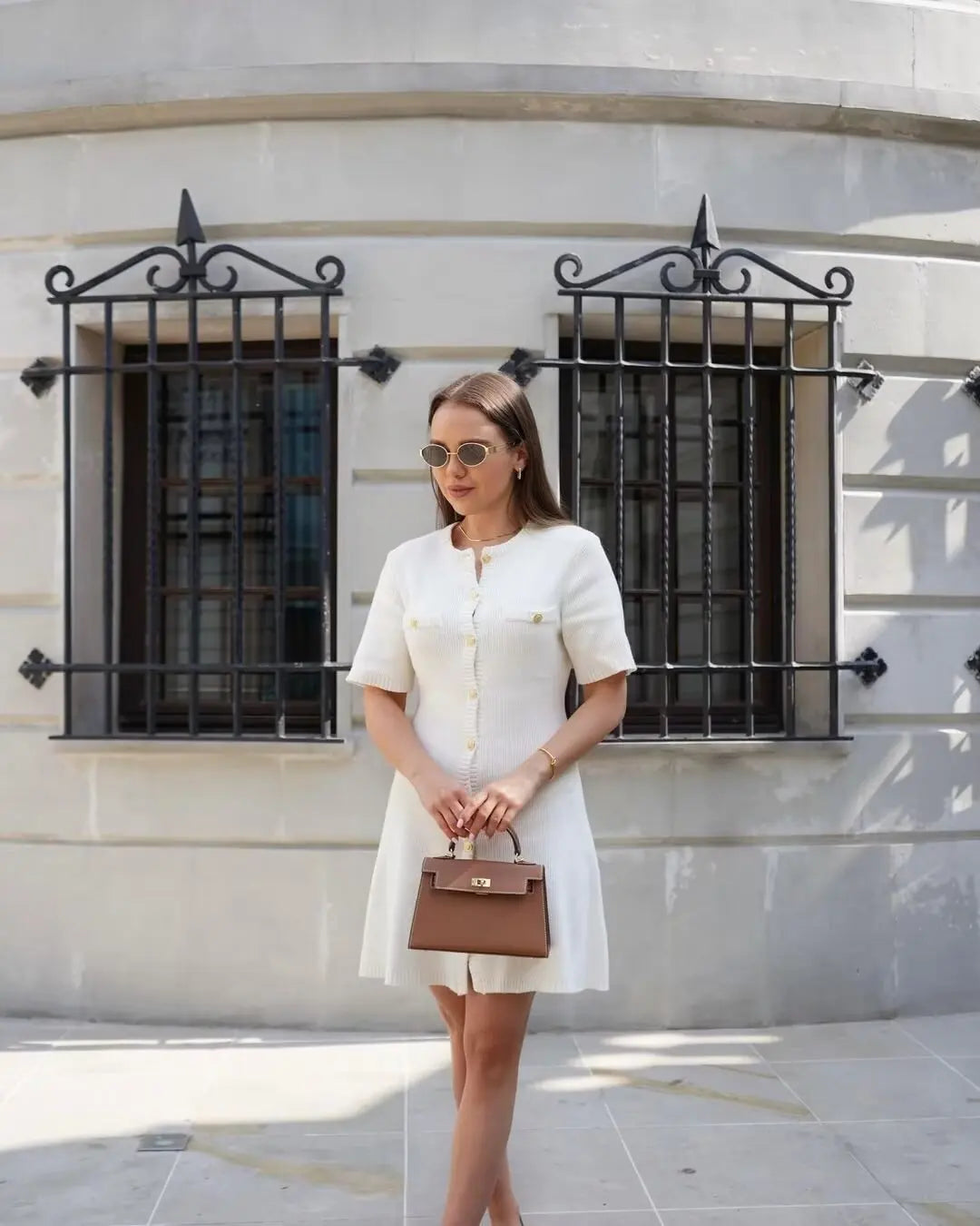 White Knit Mini Dress Short Sleeve Patchwork Pocket Loose Dress Knit Mini Dress