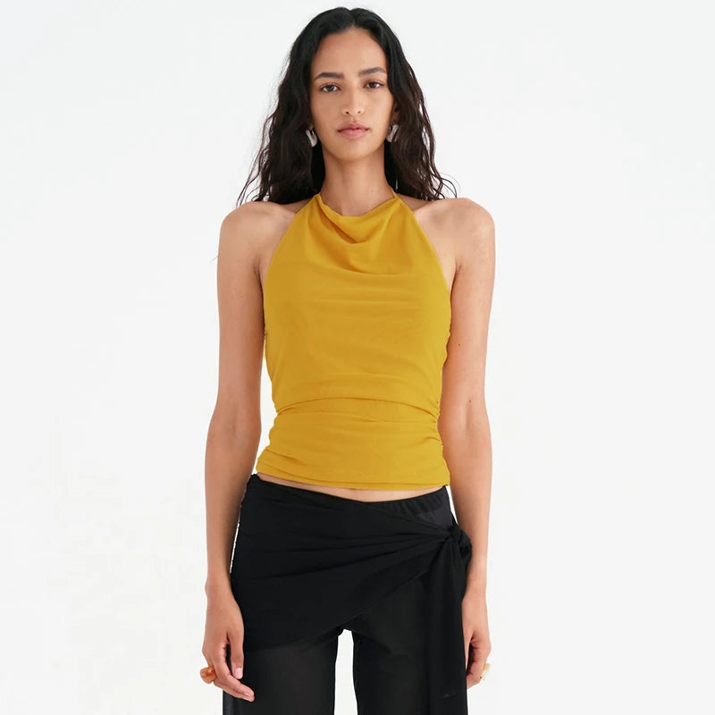 Backless Pleat Meh Hanging Neck Top