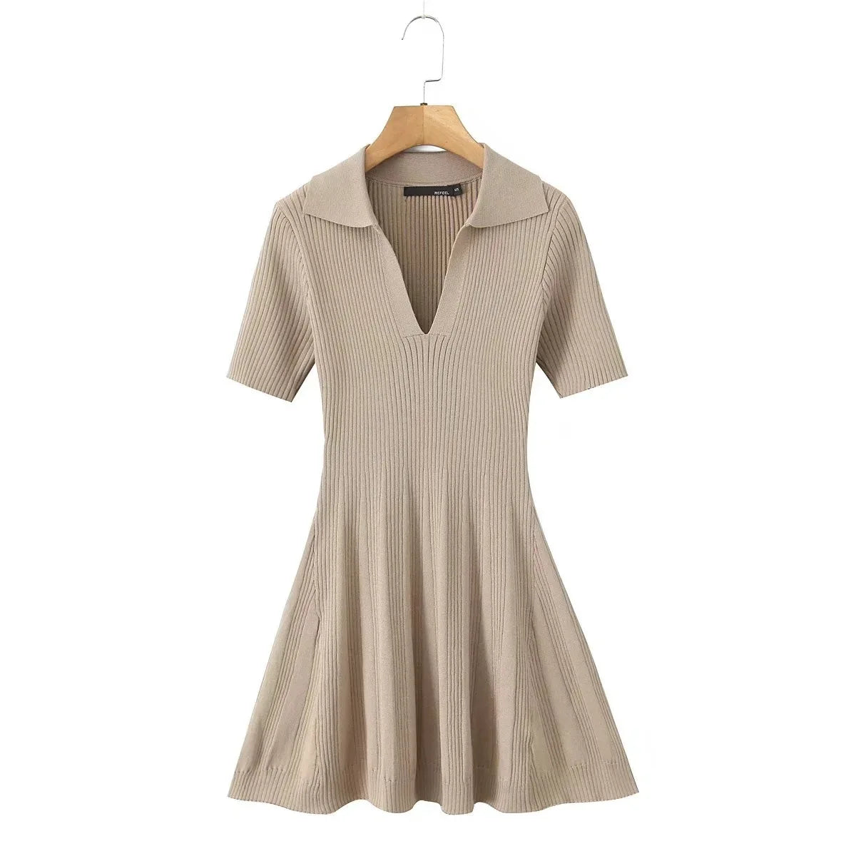 Knit Bodycon Dress Khaki Polo Collar Dress Short Sleeve