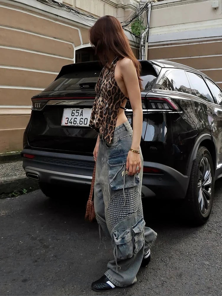 Leopard Sequins Vest Backless Halter V-Neck Lace-Up Sleeveless Wild Tank Top