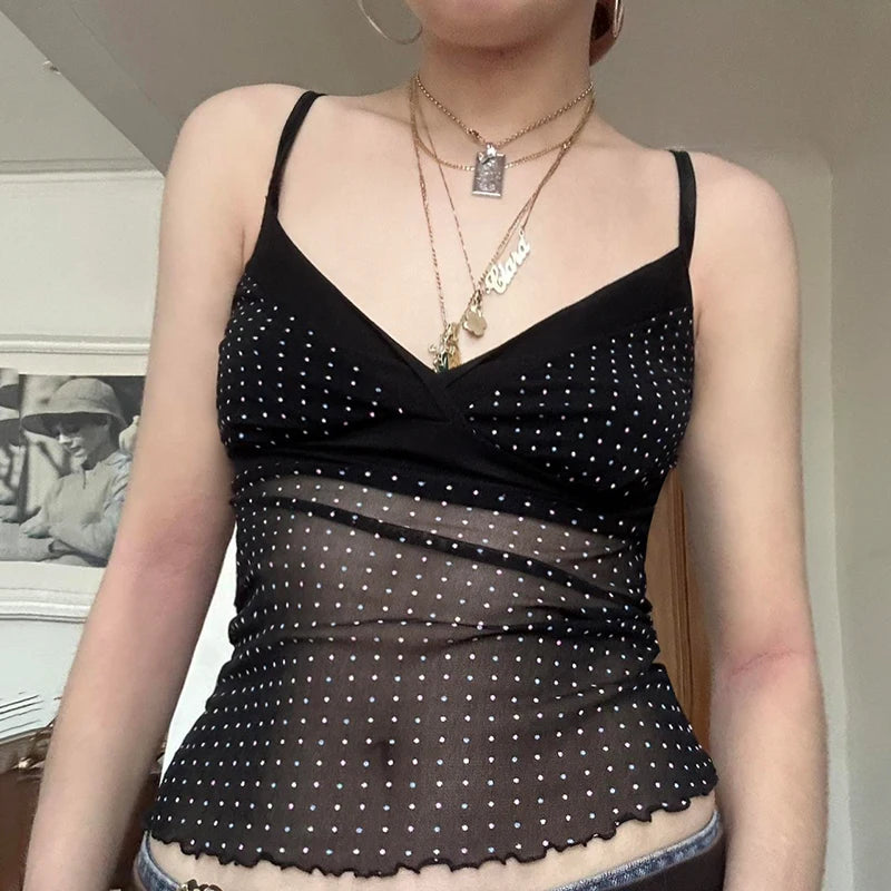 Dot Print Crop Bustiers V-neck Transparent Patchwork Sleeveless Camisole Backless