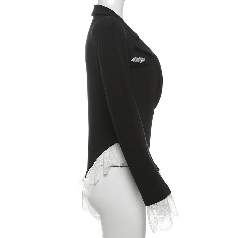 Deep V Neck Lace Bodysuits For Contrast Color Long Ruffled Sleeve Slim Fit Body Top Wear Hot