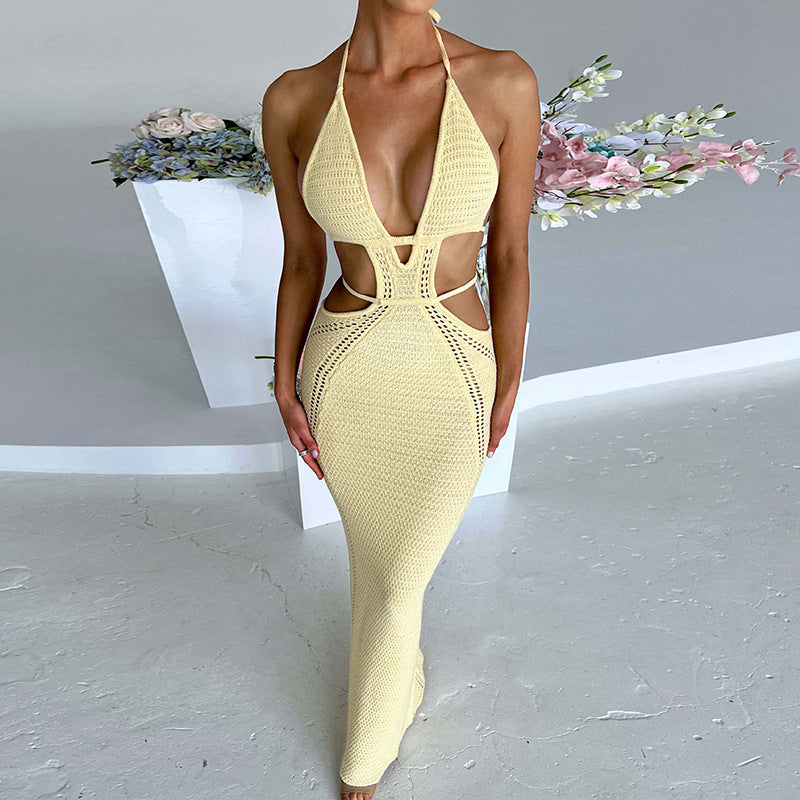 Halter Tie-up Knit Crochet Dress Backless Sleeveless Deep V Cutout Waist Wrapped Bodycon Dress