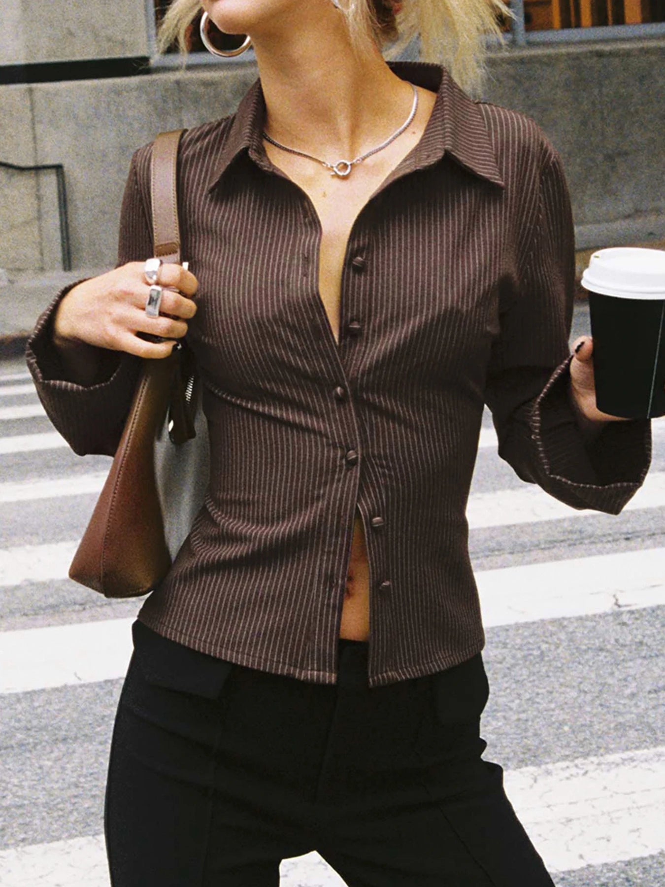 Striped Print Buttons Up Blouses Shirts Flare Sleeves Top