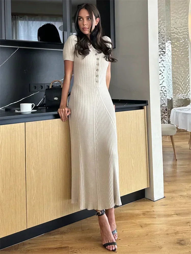 White Knit Maxi Dress Short Sleeve Patchwork Dress Lapel High Waist Knit Dress
