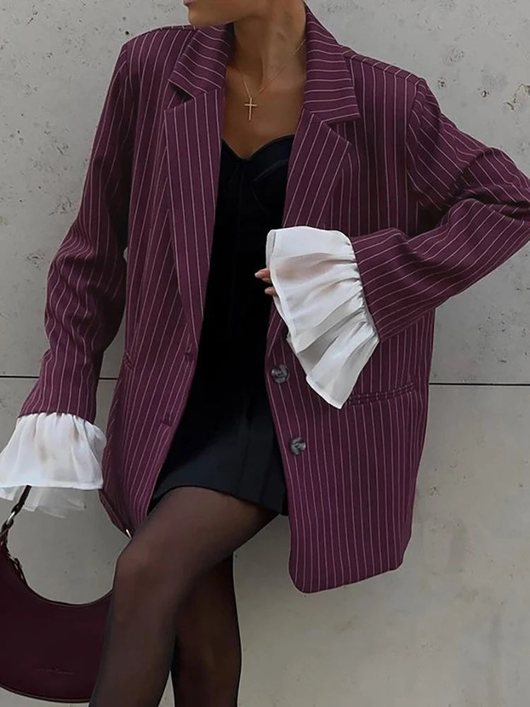 Patchwork Notched Collar Lace Blazer Flare Sleeve Single Breasted Jacket Femme Loose Coat
