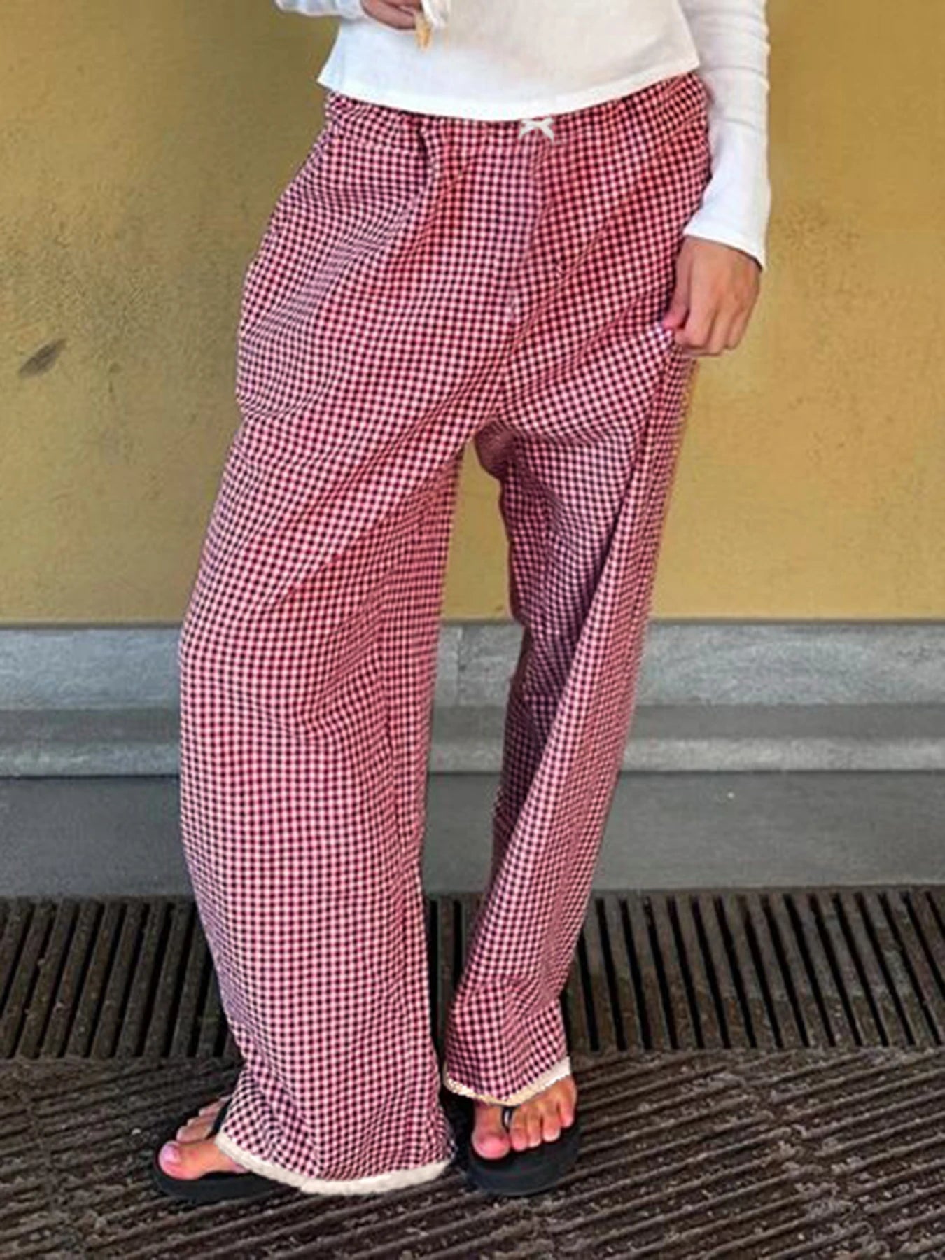 Plaid Straight Pant Lace Patchwork Bow Baggy Trouer Jogger Bottom
