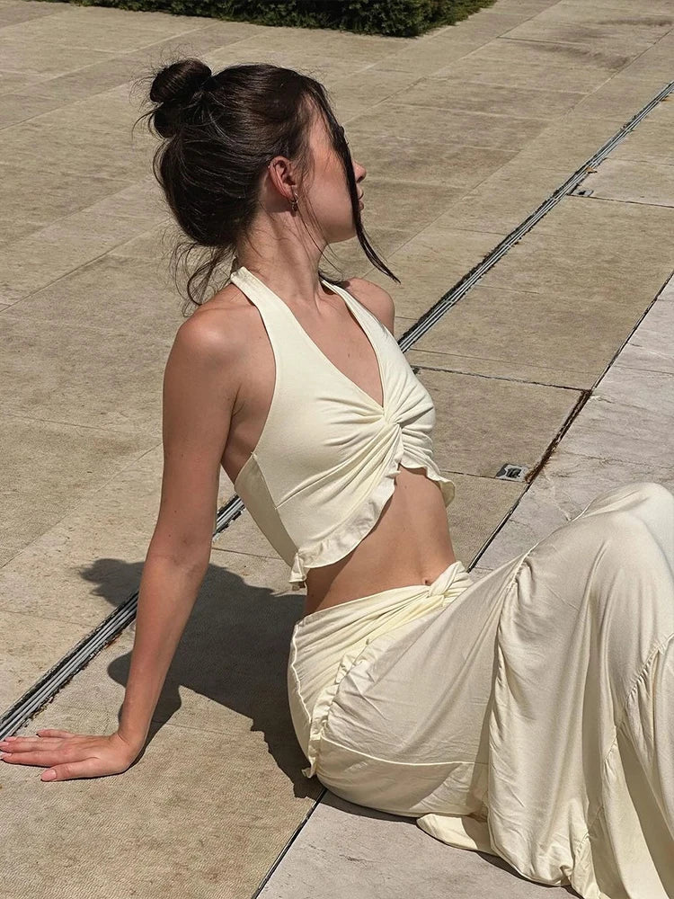 Two Piece Set Halter Backless Crop Camisole Waist Ruffles Long Skirt Ruched Street Suits