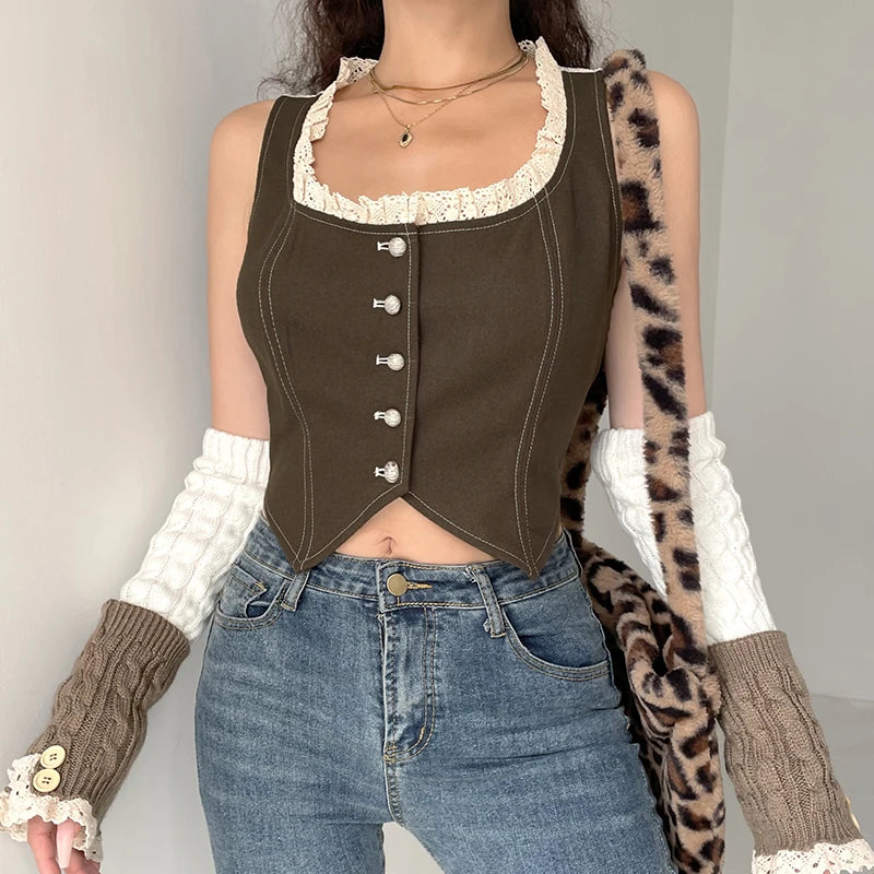 Lace Patchwork Button Up Tank Top Square Collar Sleeveless Slim