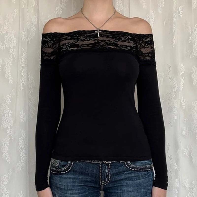 Slash Neck Tshirts Slim Lace Vinatge Long Sleeves Top