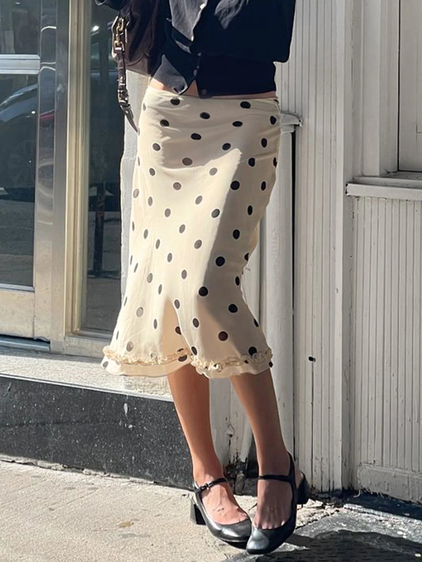 Beige Midi Skirt with Black Dots