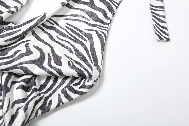 Zebra Maxi Dress Deep Swing Collar Halter Backless Sleeveless Fad