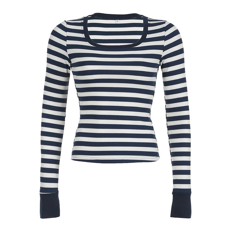 Striped Crewneck Top Tee Long Sleeves Slim