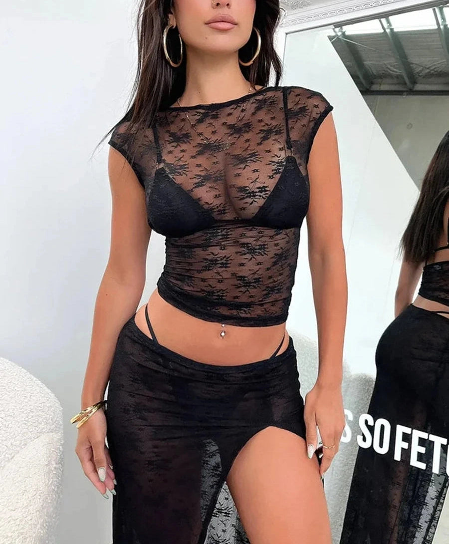 TwoPiece Lace See-through Cover Ups Set Sheer Cap Sleeve Backless Crop Top Low Waist High Slit Long Skirt