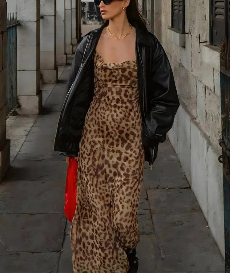 Leopard Dress Swing Collar Spaghetti Straps Backless Ruffles