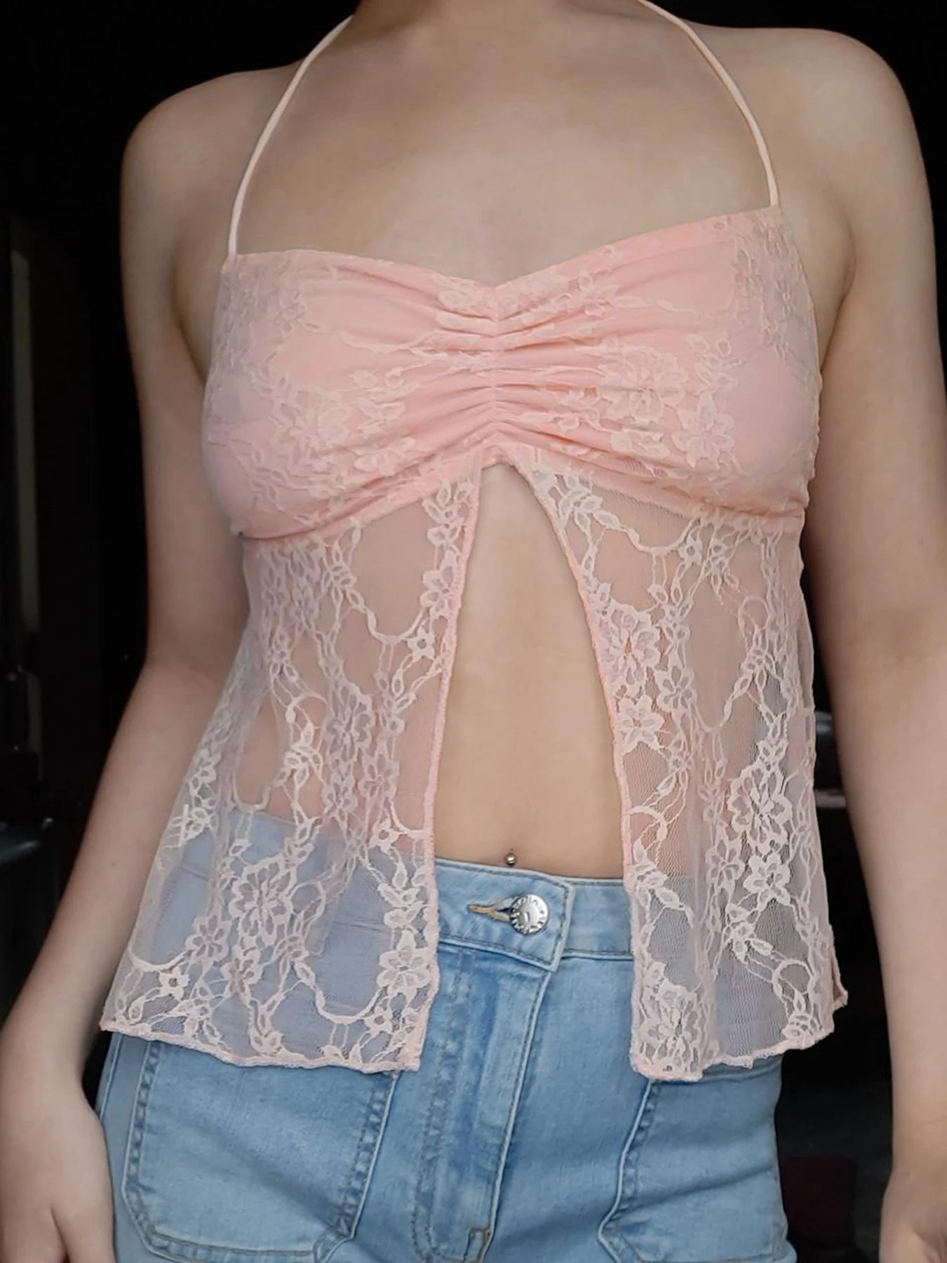 Lace Camisole Backless Lace-up Retro See-through Bustiers Fairycore Halter Neck Top