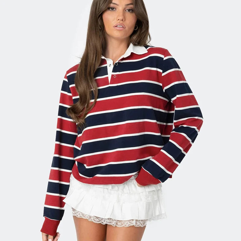 Strip Polo Shirt Long Sleeve Sport Pullover Bae Shirt