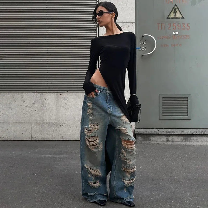 Asymmetrical Long Sleeve Black Top