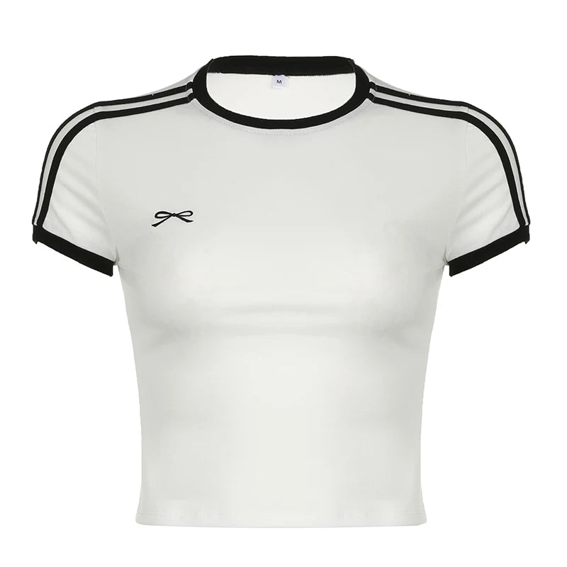 Black and White Patchwork Crop Tee Shirts Crewnek Short Sleeves Top