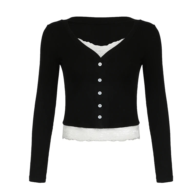 Lace Patchwork Slim Tee Shirt Long Sleeve Button Top