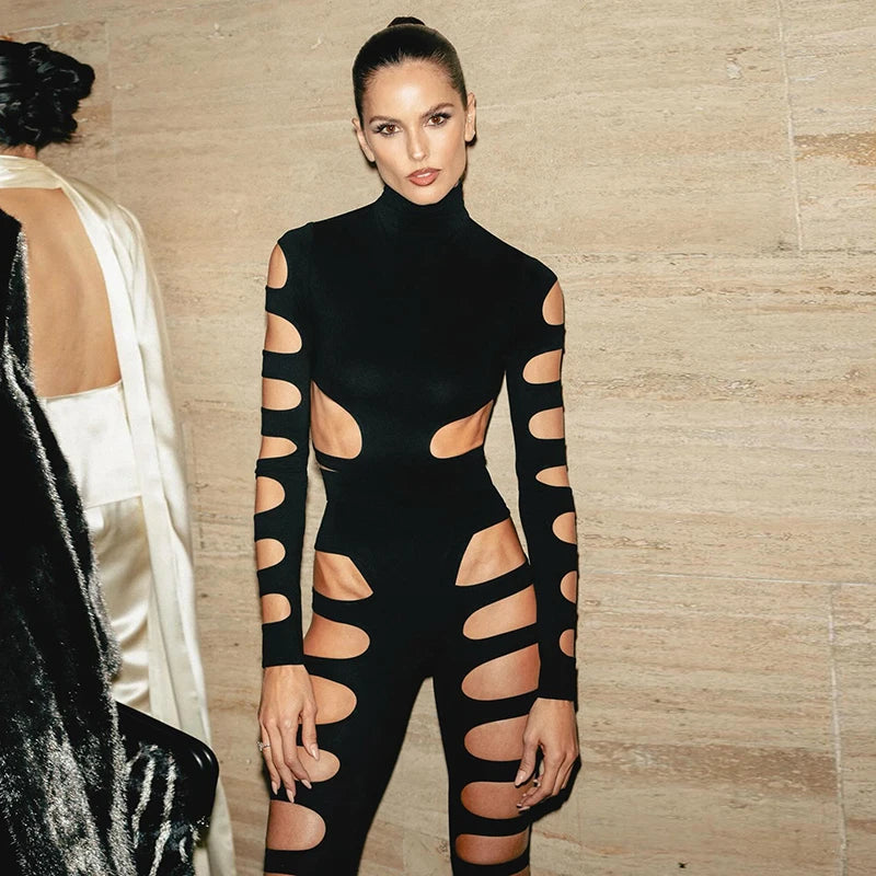 Hollow Out Aymmetric Peronality Set Neck Long-Sleev Jumpuit Top Hollow Out Pant