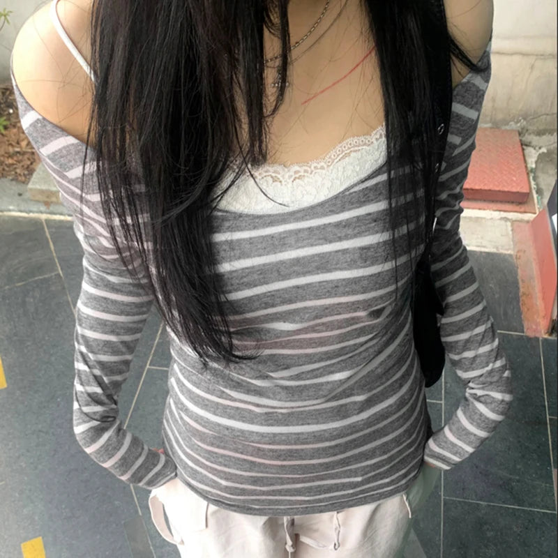 Strip Long Sleeve Tee Shirt Crewneck Slim