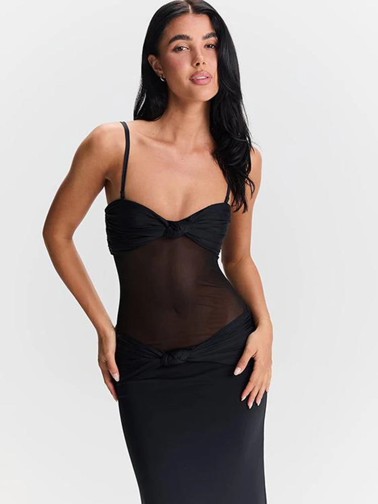Knot Chest Wrap Dress Ruched Mesh Patchwork Sleeveless Stretch