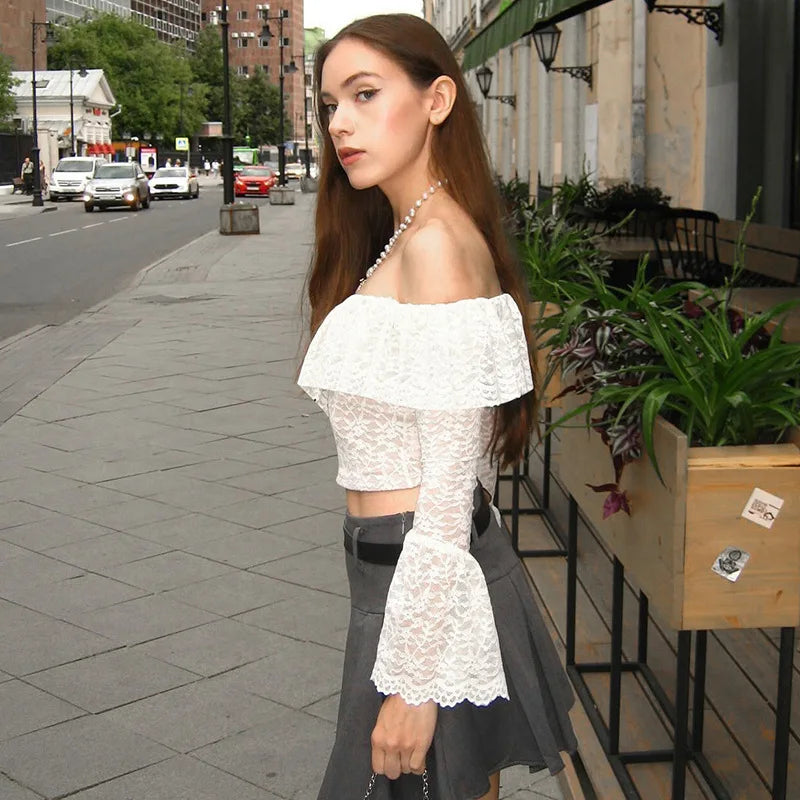 Transparent Lace Two Piece Sets Skirt Suit White Flare Sleeve T-shirt Long Skirt Skirt Set