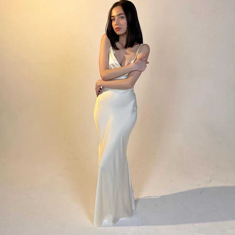 Satin Ruched Slim Sheath Maxi Dress