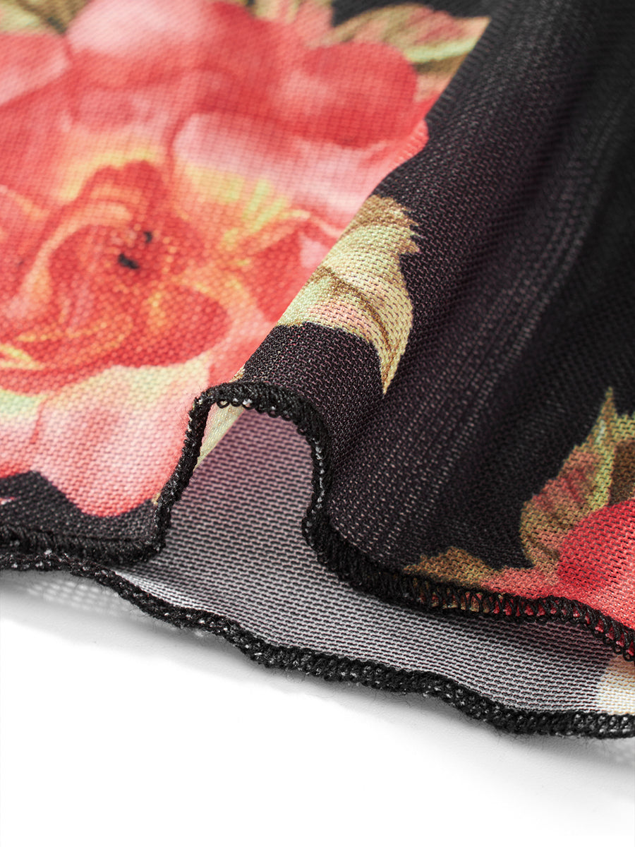 Sleeveless V Neck Low Cut Cami Top Elastic Waist Flower Print Mini Skirt 2 Piece