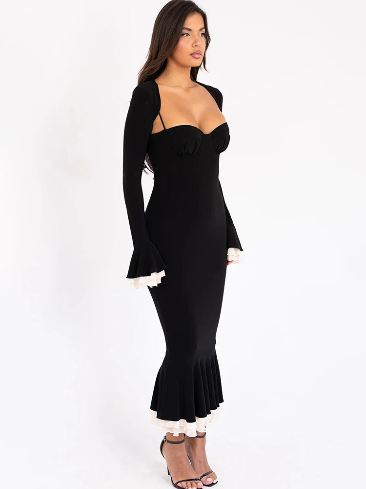 Square Collar Two Piece Sets Mermaid Dress Flare Sleeve Evening Dress