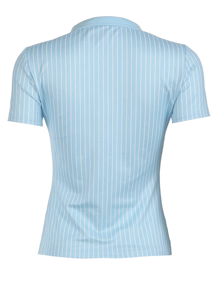 Blue Stripe Short Sleeve Shirts Button Up Turn Down Collar Slim Preppy Tops Basic Tees