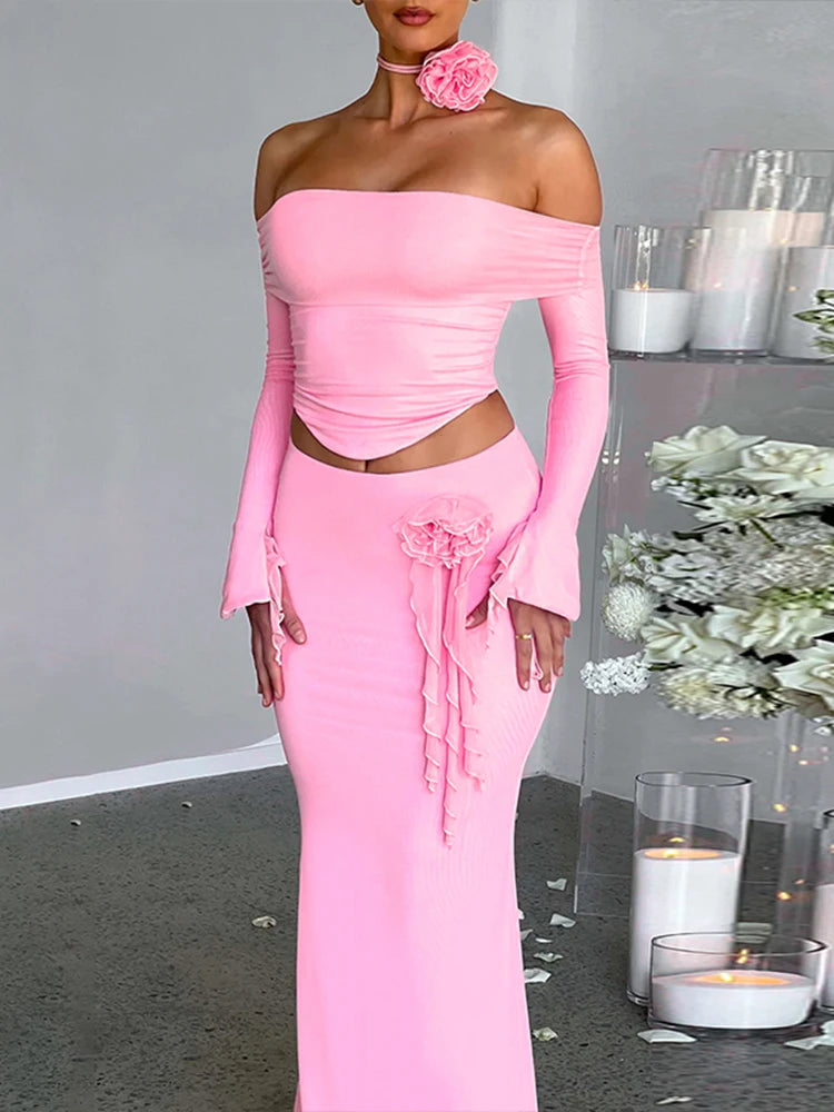 3D Flower Off Shoulder Crop Top Maxi Skirt Set