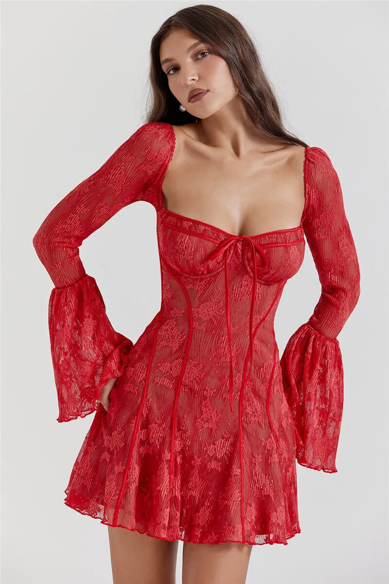 Lace Long Flare Sleeve Maxi Dress Square Collar Backless Bodycon Dress