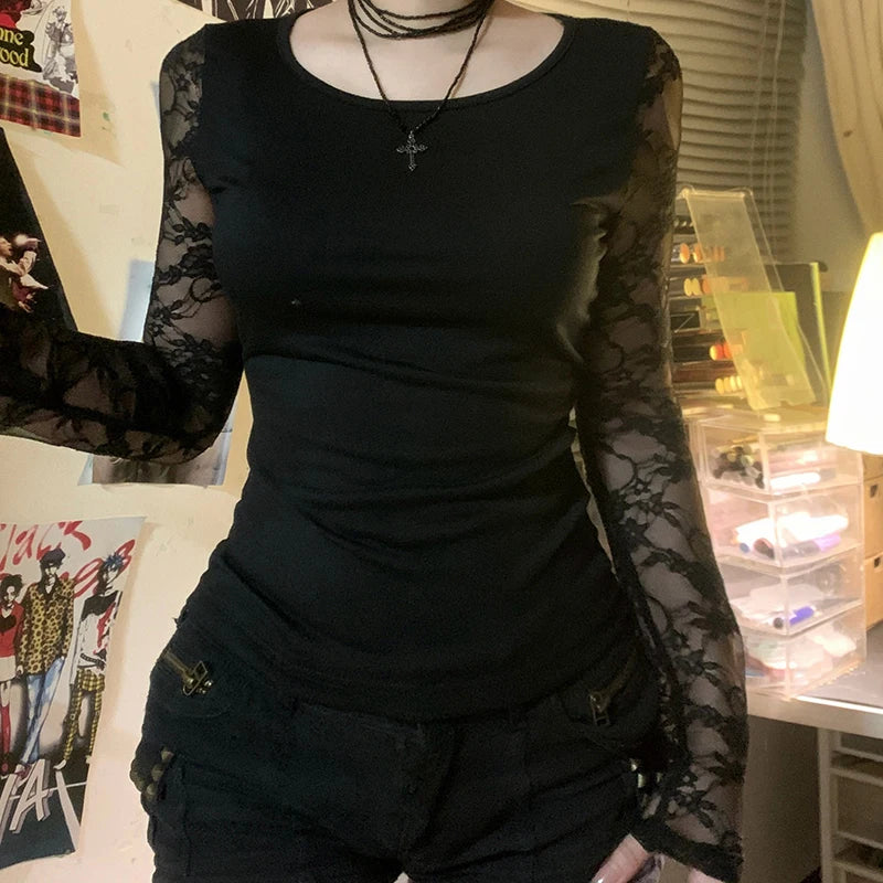 Crewneck Tee Shirts Lace Patchwork Slim Black Top
